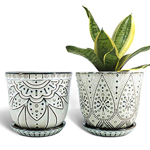 Gepege 6 Inch Beaded Ceramic Planter Set of 2 with Drainage Hole and Saucer for Plants,...