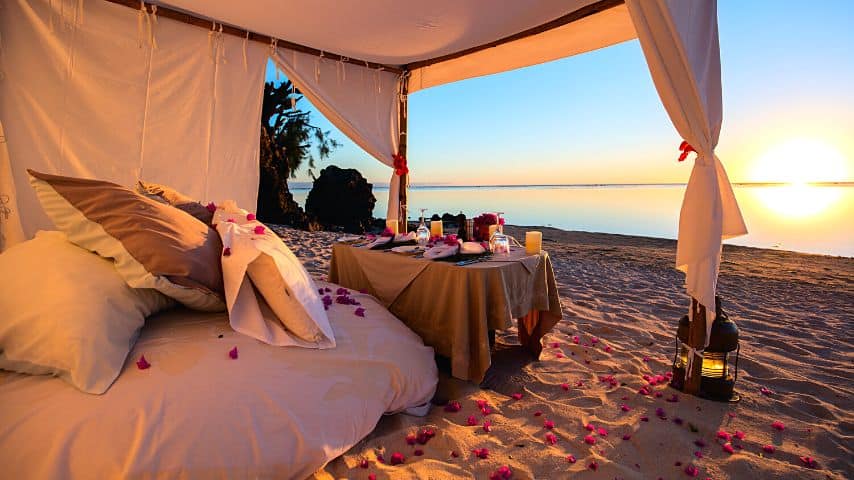 Sprinkling rose petals on the romantic dinner you set up for your special someone helps build up that romantic atmosphere